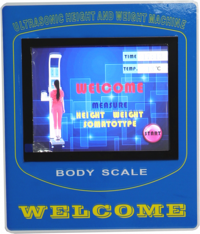 L'altezza e la bilancia pieghevoli con pressione sanguigna e la pubblicità LCD del grasso corporeo schermano/touch screen